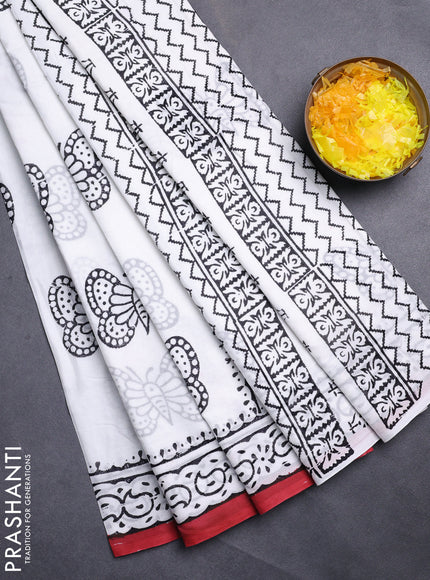 Jaipur cotton saree off white and marron with butterfly butta prints and printed border