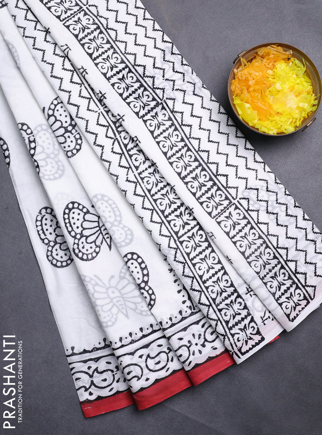 Jaipur cotton saree off white and marron with butterfly butta prints and printed border
