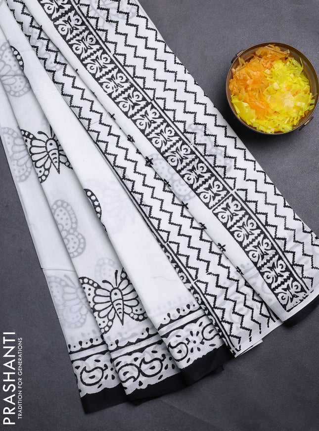 Jaipur cotton saree off white and black with butterfly butta prints and printed border