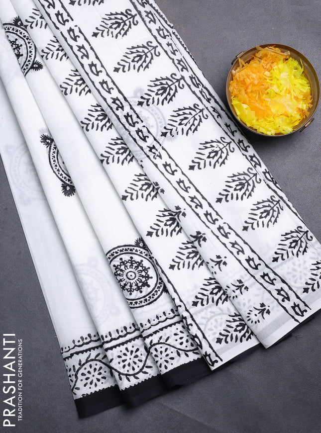Jaipur cotton saree off white and black With Warli butta prints and printed border