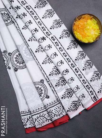 Jaipur cotton saree off white and marron with warli butta prints and printed border