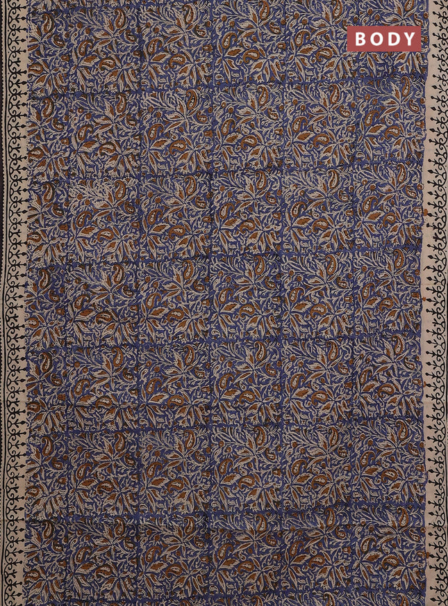 Jaipur cotton saree blue and beige with allover kalamkari prints and printed border