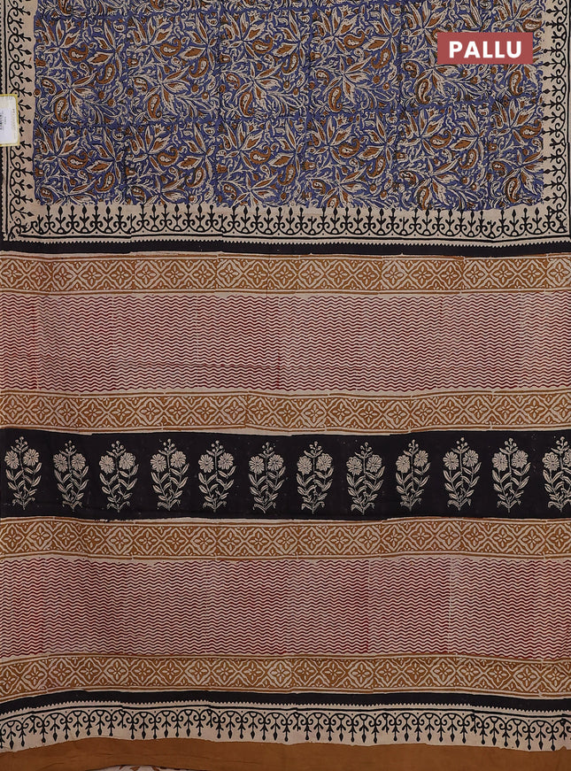 Jaipur cotton saree blue and beige with allover kalamkari prints and printed border