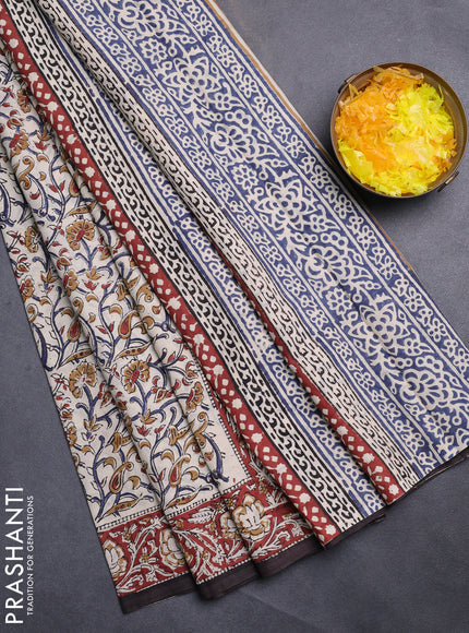 Jaipur cotton saree beige and maroon black with allover kalamkari prints and printed border