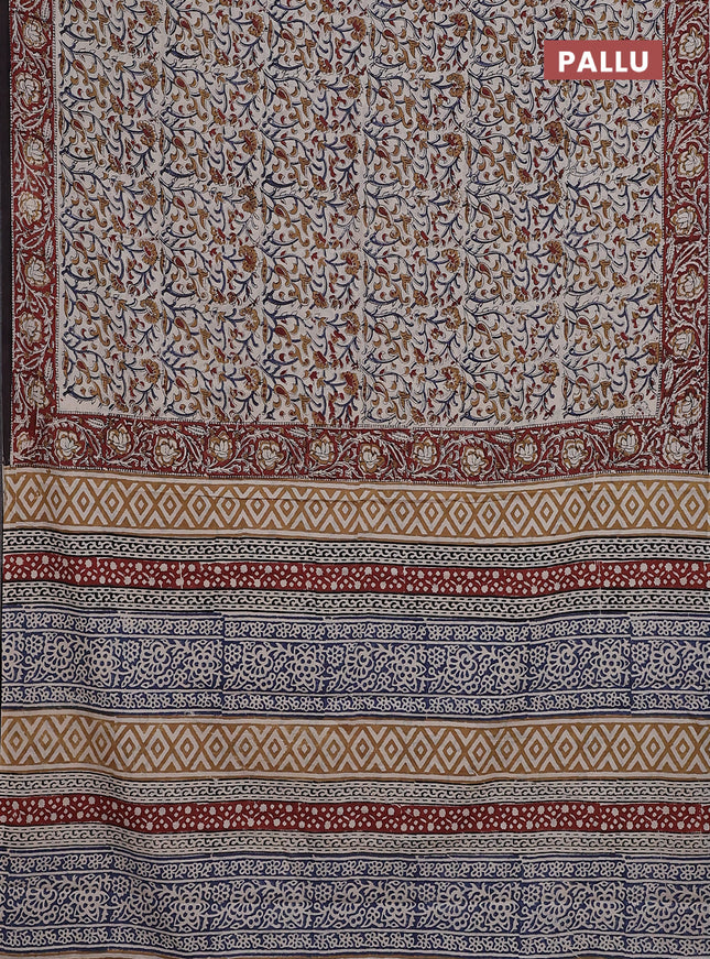 Jaipur cotton saree beige and maroon black with allover kalamkari prints and printed border
