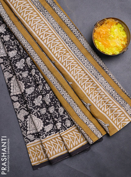 Jaipur cotton saree black and sandal with allover kalamkari prints and printed border