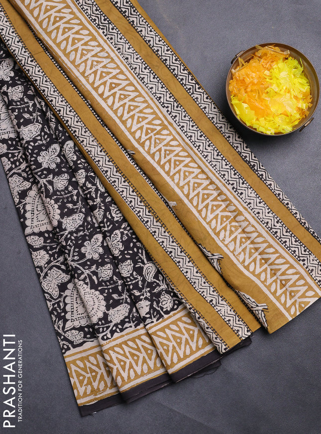 Jaipur cotton saree black and sandal with allover kalamkari prints and printed border