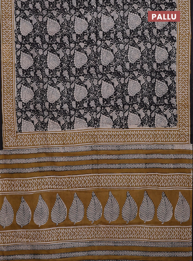 Jaipur cotton saree black and sandal with allover kalamkari prints and printed border