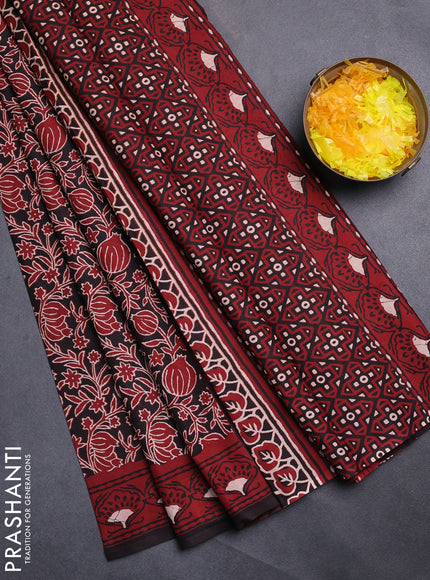 Jaipur cotton saree black and maroon with allover kalamkari prints and printed border