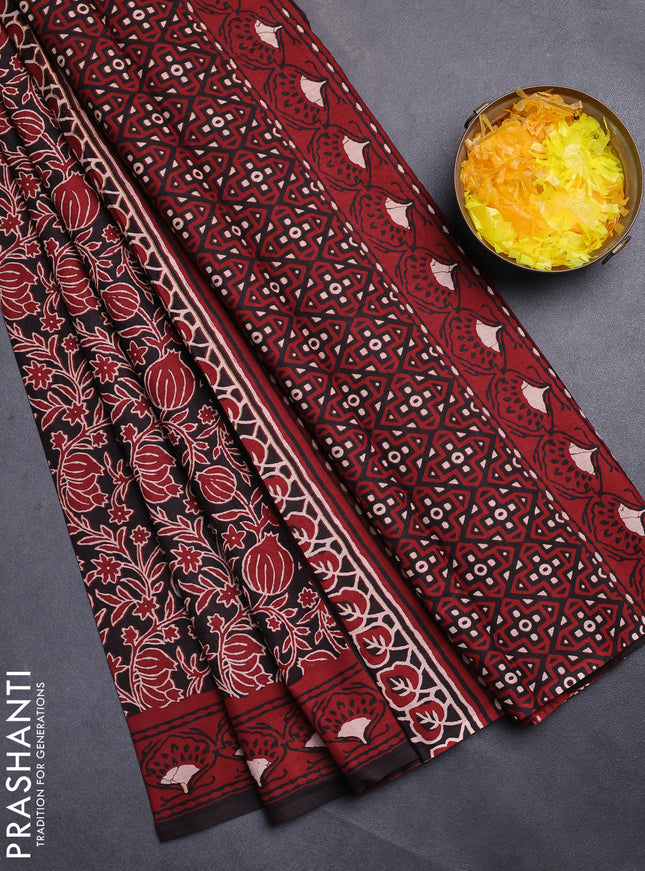 Jaipur cotton saree black and maroon with allover kalamkari prints and printed border