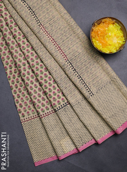 Jaipur cotton saree beige and pink with allover butta prints and printed border