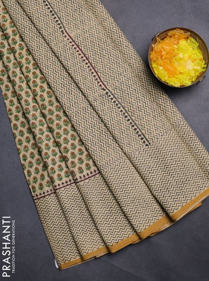 Jaipur cotton saree beige and mustard yellow with allover butta prints and printed border