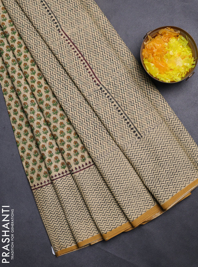 Jaipur cotton saree beige and mustard yellow with allover butta prints and printed border