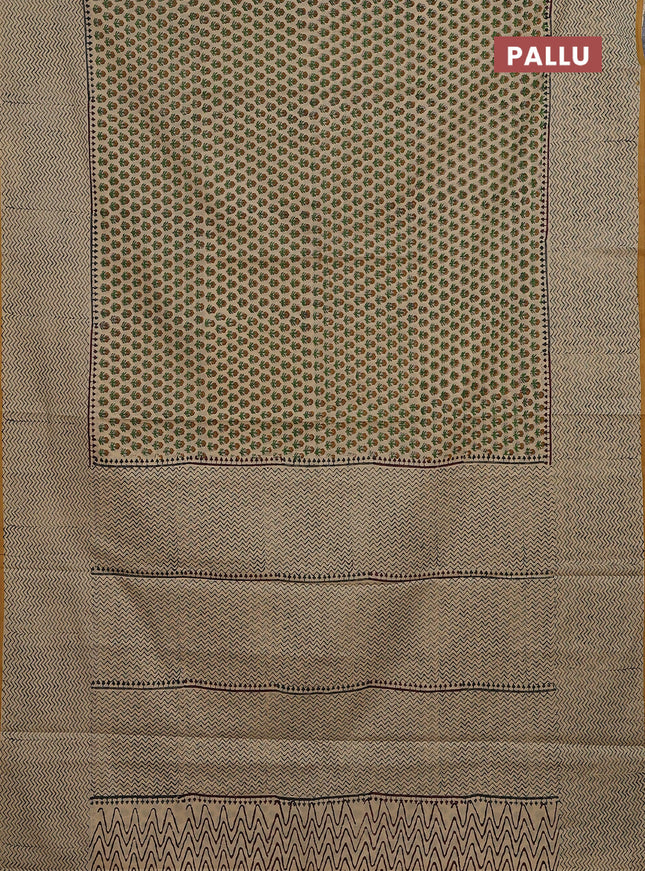 Jaipur cotton saree beige and mustard yellow with allover butta prints and printed border