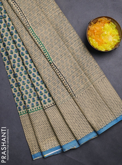 Jaipur cotton saree beige and pastel blue with allover butta prints and printed border