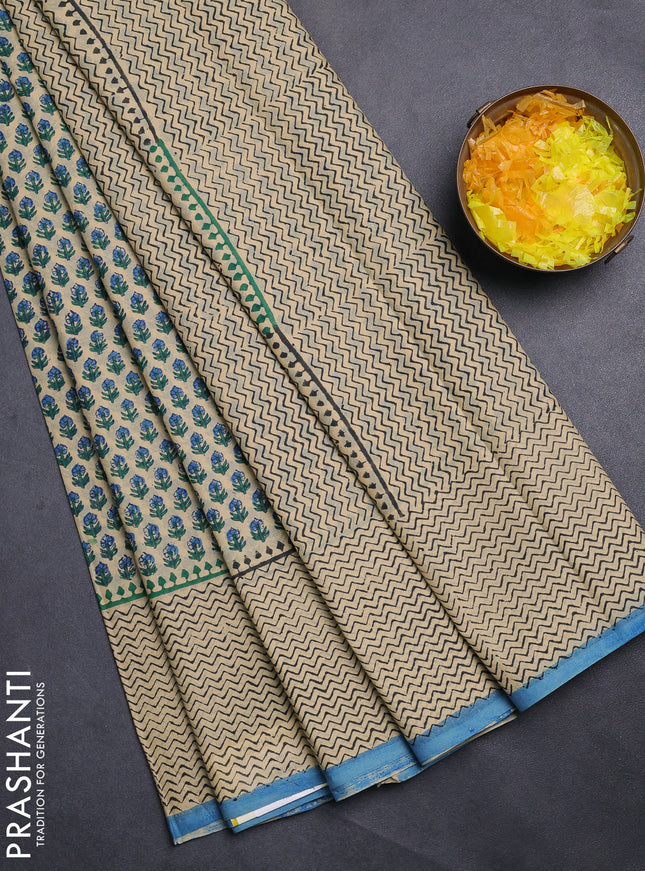 Jaipur cotton saree beige and pastel blue with allover butta prints and printed border