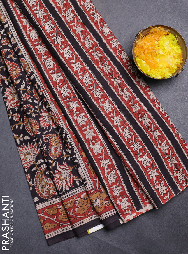 Jaipur cotton saree black and maroon with allover kalamkari prints and printed border