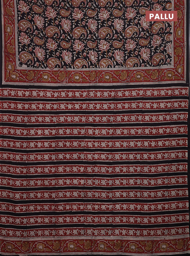 Jaipur cotton saree black and maroon with allover kalamkari prints and printed border