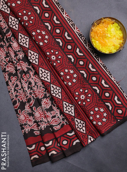 Jaipur cotton saree black and maroon with allover kalamkari prints and printed border