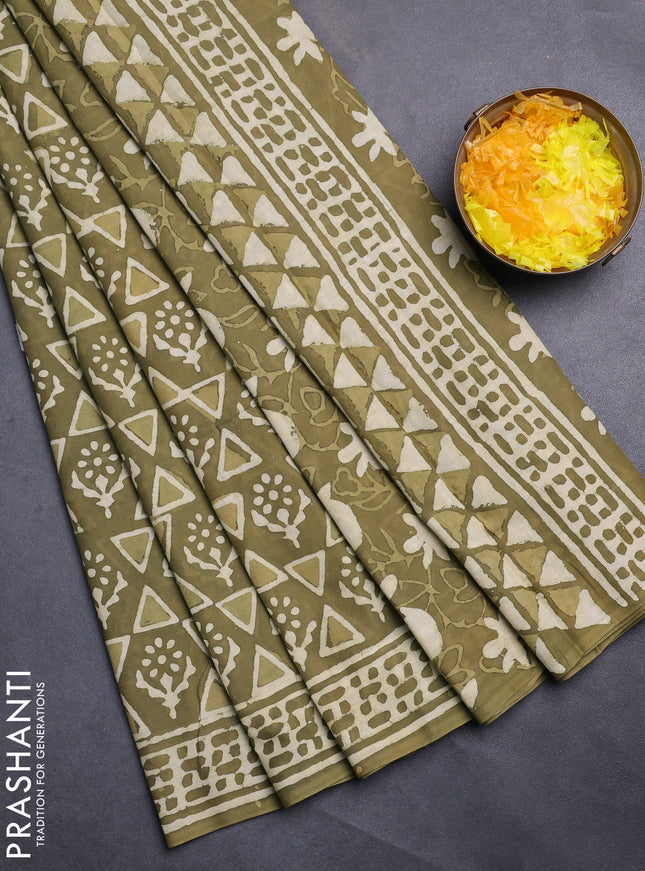 Jaipur cotton saree mehendi green with allover geometric prints and printed border