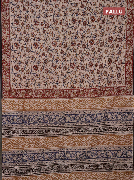 Jaipur cotton saree beige and maroon black with allover kalamkari prints and printed border