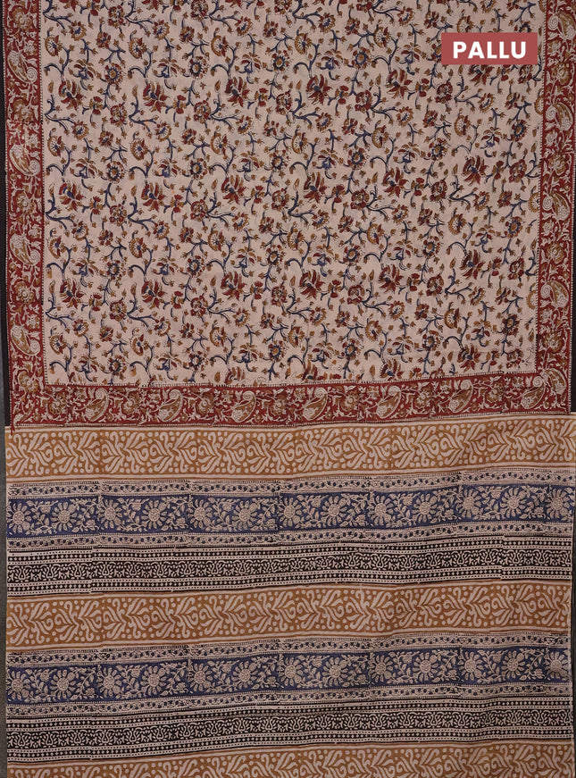 Jaipur cotton saree beige and maroon black with allover kalamkari prints and printed border