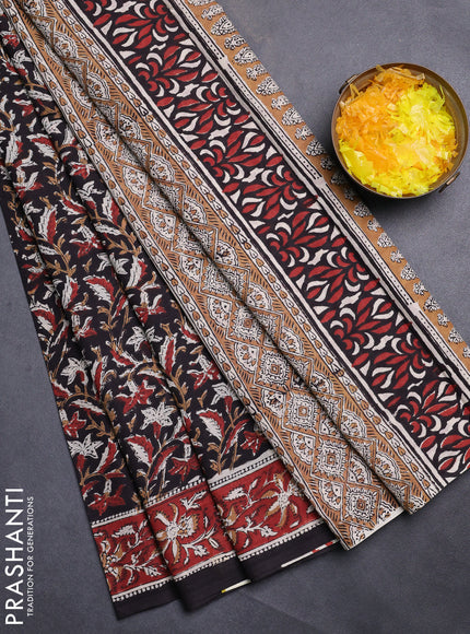 Jaipur cotton saree black and maroon black with allover kalamkari prints and printed border