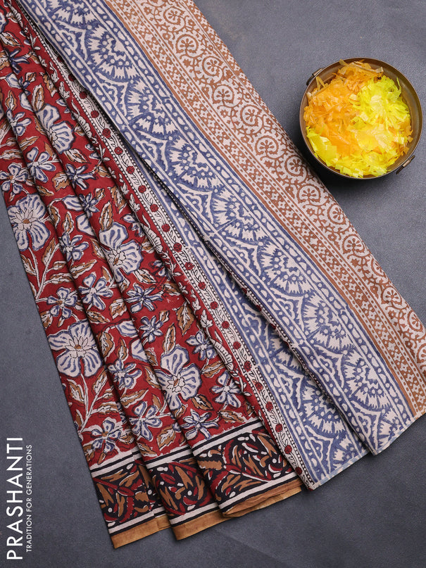 Jaipur cotton saree maroon and black with allover kalamkari prints and printed border