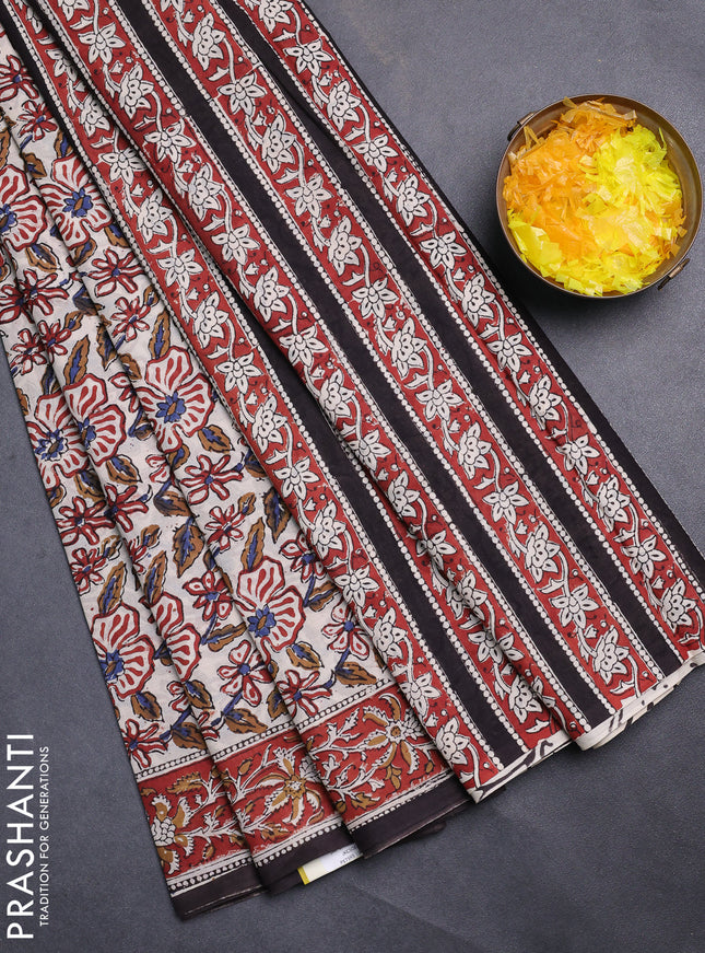 Jaipur cotton saree beige and maroon with allover kalamkari prints and printed border