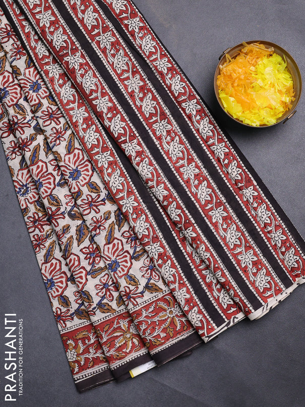 Jaipur cotton saree beige and maroon with allover kalamkari prints and printed border