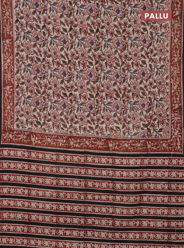 Jaipur cotton saree beige and maroon with allover kalamkari prints and printed border
