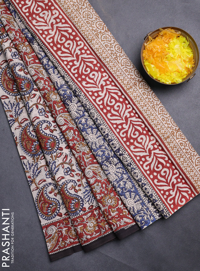 Jaipur cotton saree beige and maroon with allover kalamkari prints and printed border