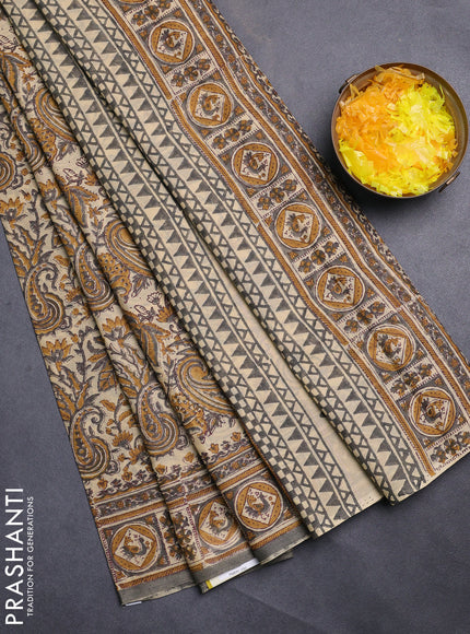 Jaipur cotton saree sandal and grey with allover kalamkari prints and printed border