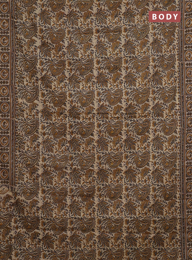 Jaipur cotton saree sandal and grey with allover kalamkari prints and printed border