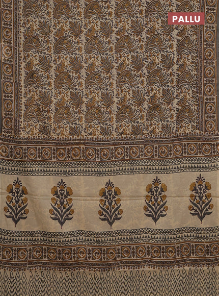 Jaipur cotton saree sandal and grey with allover kalamkari prints and printed border