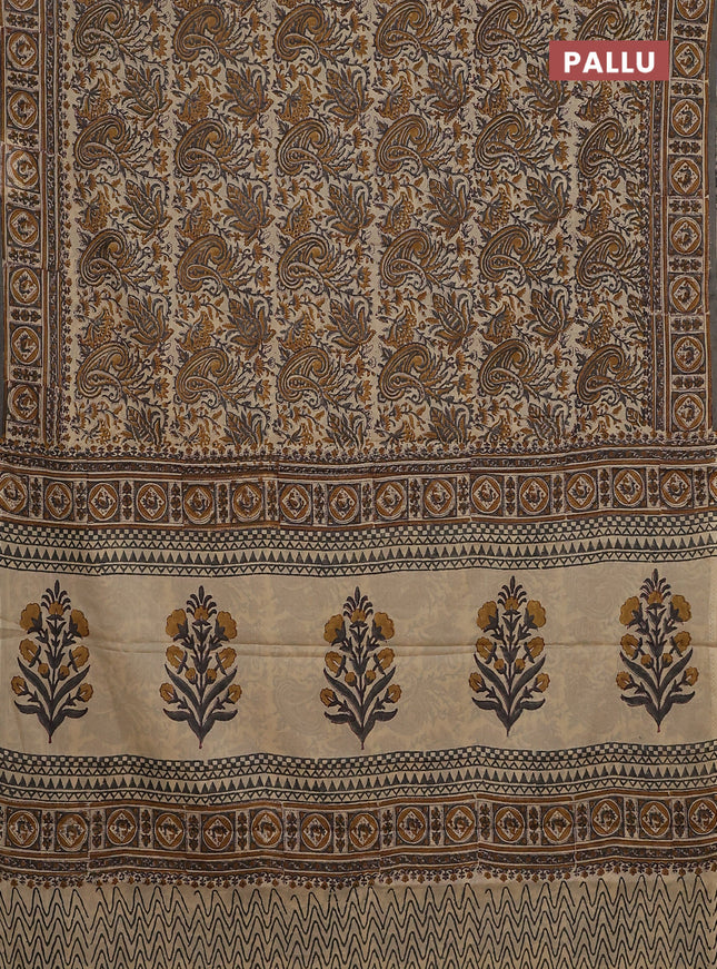 Jaipur cotton saree sandal and grey with allover kalamkari prints and printed border