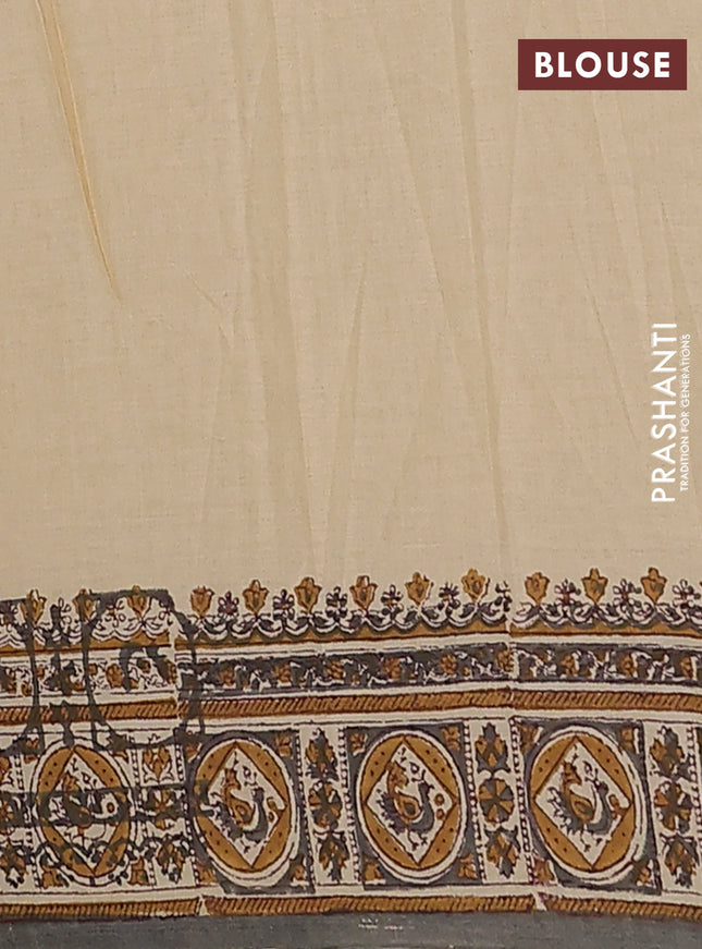 Jaipur cotton saree sandal and grey with allover kalamkari prints and printed border