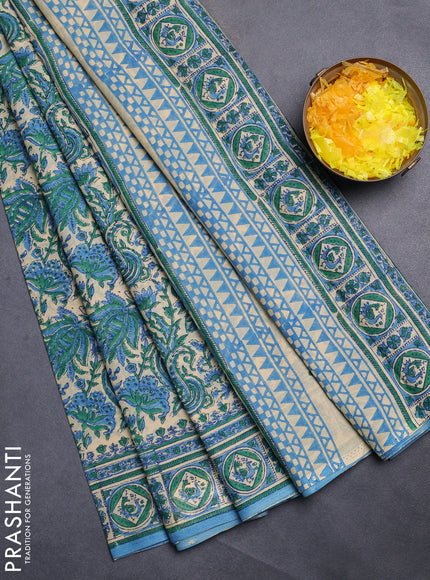 Jaipur cotton saree sandal green and blue with allover kalamkari prints and printed border