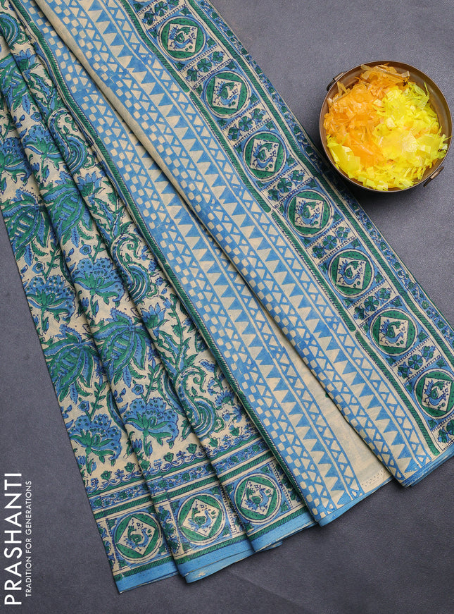 Jaipur cotton saree sandal green and blue with allover kalamkari prints and printed border