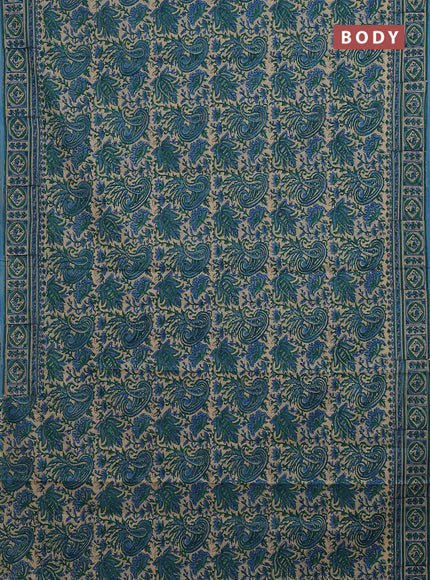 Jaipur cotton saree sandal green and blue with allover kalamkari prints and printed border