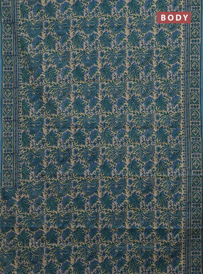 Jaipur cotton saree sandal green and blue with allover kalamkari prints and printed border