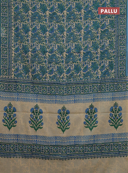 Jaipur cotton saree sandal green and blue with allover kalamkari prints and printed border