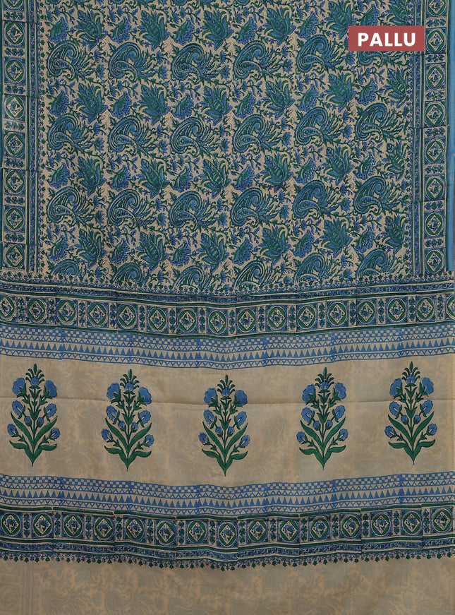 Jaipur cotton saree sandal green and blue with allover kalamkari prints and printed border