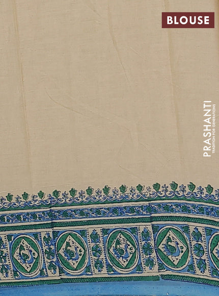 Jaipur cotton saree sandal green and blue with allover kalamkari prints and printed border
