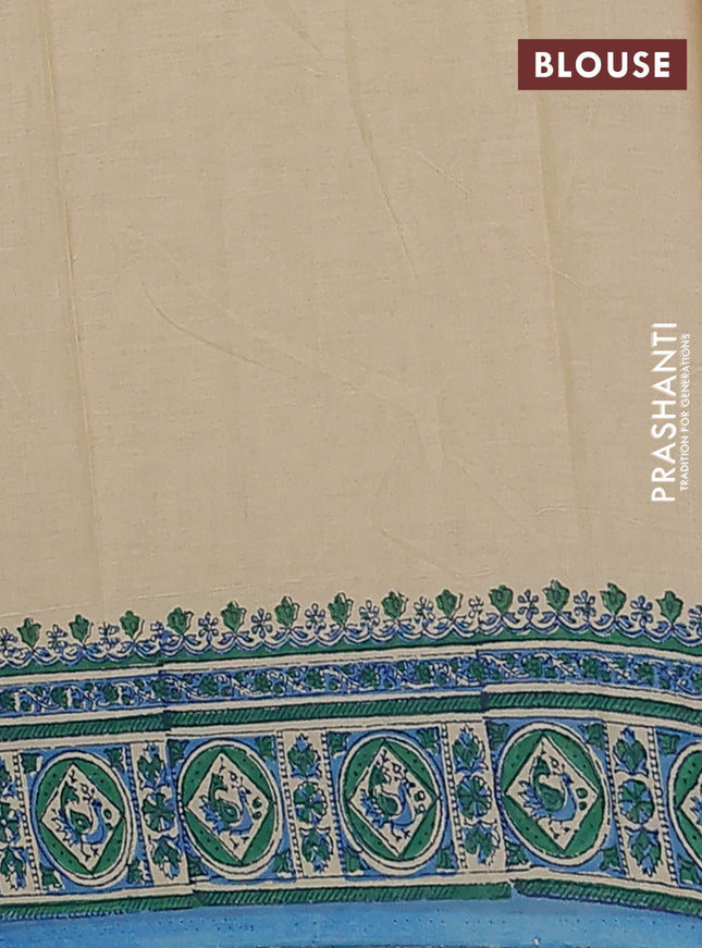Jaipur cotton saree sandal green and blue with allover kalamkari prints and printed border