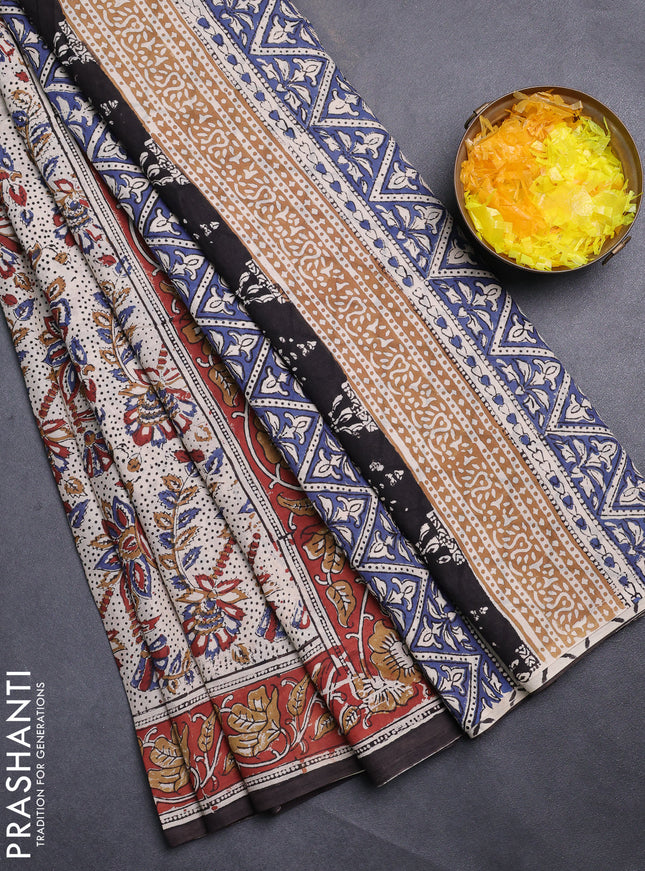 Jaipur cotton saree beige and rustic orange with allover kalamkari prints and printed border