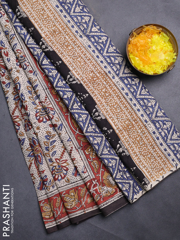 Jaipur cotton saree beige and rustic orange with allover kalamkari prints and printed border