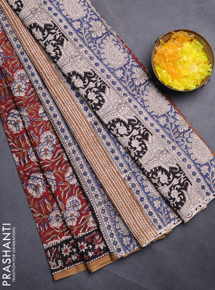 Jaipur cotton saree maroon and sandal with allover kalamkari prints and printed border