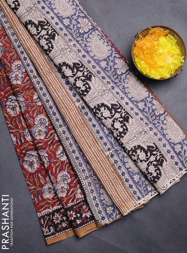 Jaipur cotton saree maroon and sandal with allover kalamkari prints and printed border