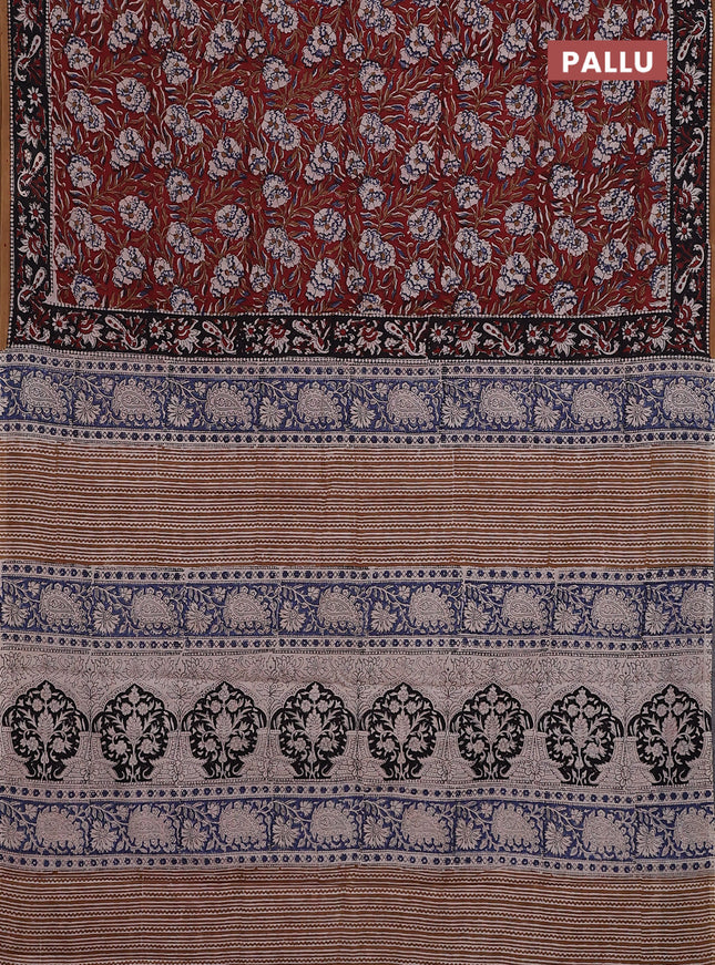 Jaipur cotton saree maroon and sandal with allover kalamkari prints and printed border